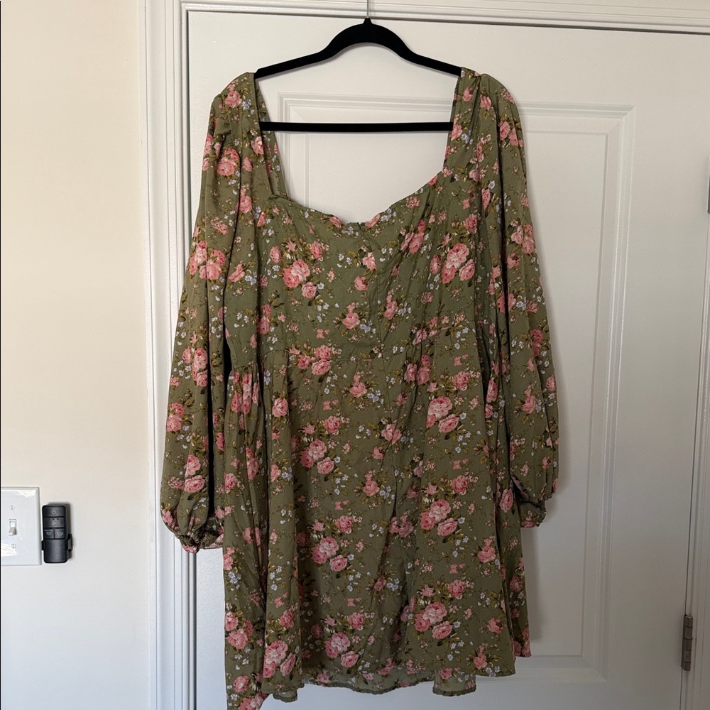 NWT Cider Floral Square-Neck Mini Dress - Olive with Pink Roses - Picture 3 of 4